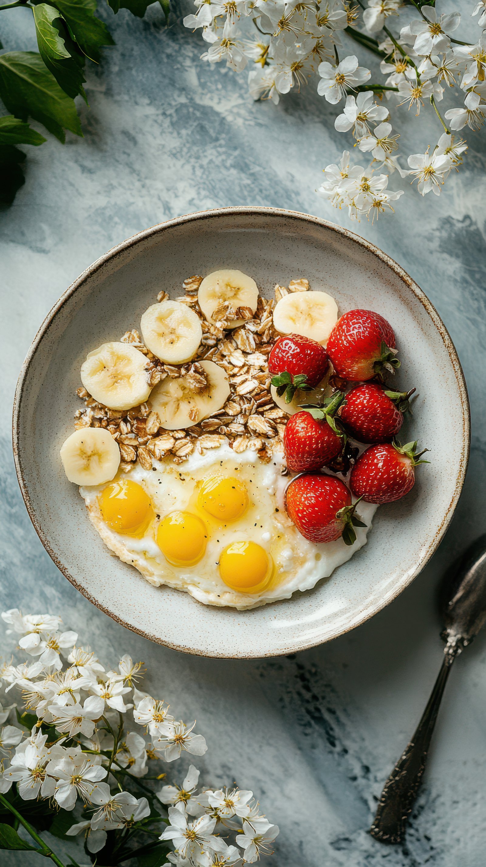 Delicious breakfast bowl with yogurt, fruits, and oats served on a marble countertop with flowers